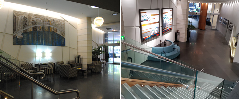 large art deco styled artworks in hotel reception area before and after difference
