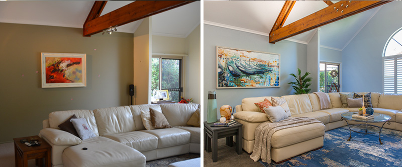 before and after of custom art in a residential setting
