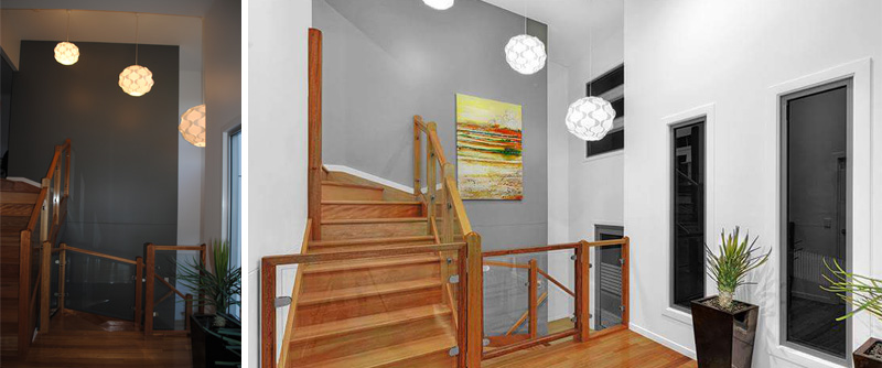 before and after of the difference a stairwell artwork makes for interior designers