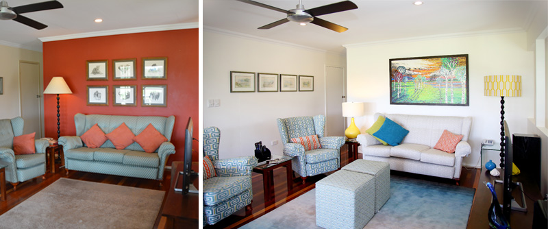 Before and after of bright artwork and interior design colours
