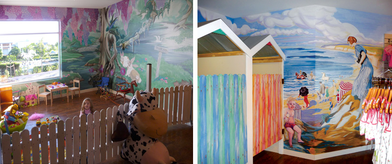2 hand-painted Disneyesque murals for childrens wear boutique
