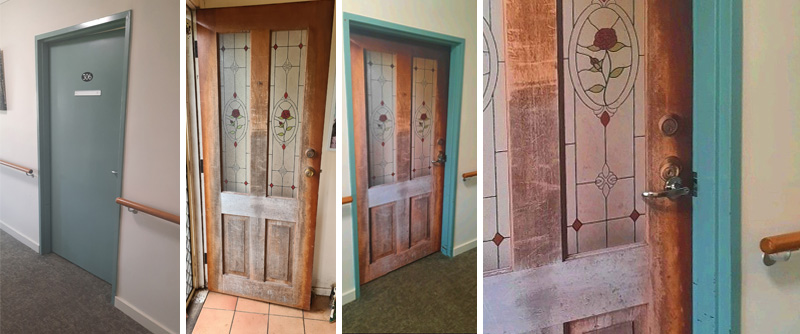 before and after image of a elders home door and its replication as his new door in residential aged care home
