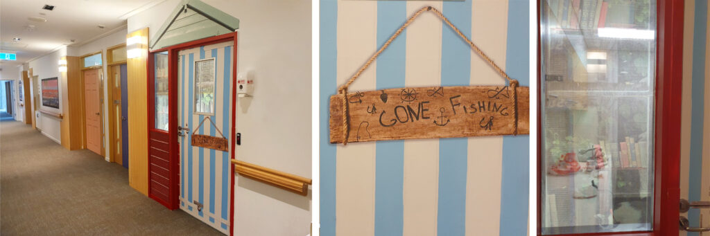 Shop front hut as a nurses station over a door in an aged care home