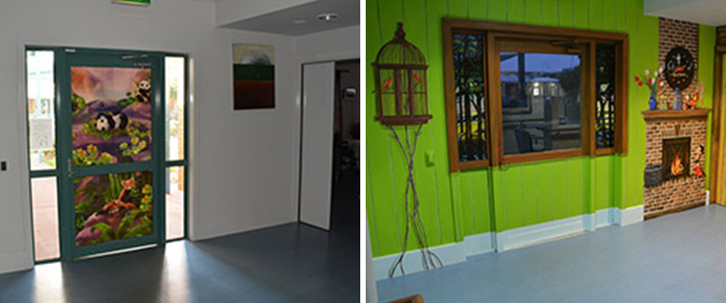 before and after of glass fire exit door transformed into a window and wall by a mural for dementia