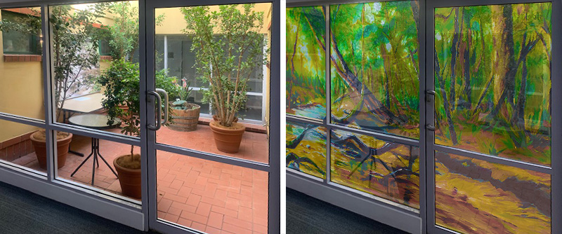 Glass Mural over doors to transform them into a quiet room forest that they see inside and out