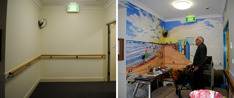 before and after of bare dementia facility entry area and then with a mural and instant appreciation by an elder